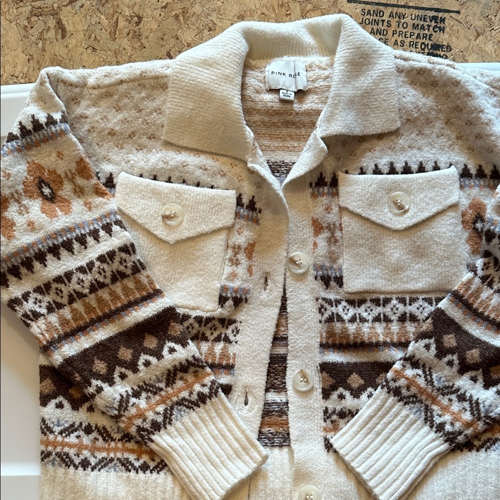 Gliks-Pink Rose Cream and Brown Patterned Cardigan
